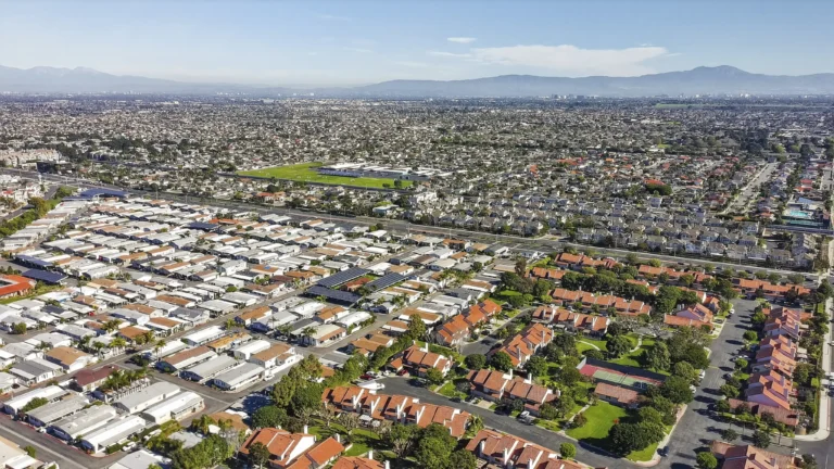 Drone shot showcasing tree lined streets and quiet residential area