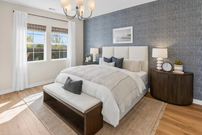 Staged bedroom designed as calm, relaxing retreat for buyers