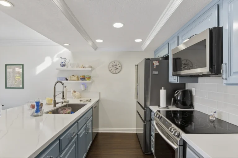 Kitchen with peninsula providing extra prep and seating space